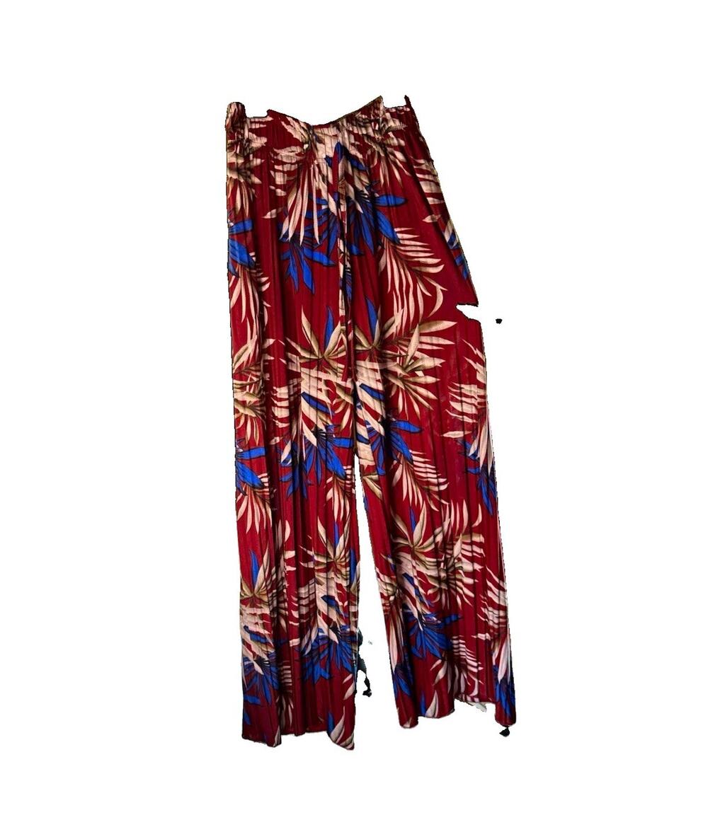 Women's Burgundy Floral Bohemian Tropical Wide-Leg Pleated Elastic Pants M